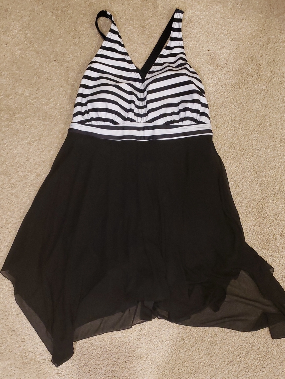 BloomChic Black and White Striped V-Neck Swimdress With Attached Boy Shorts
